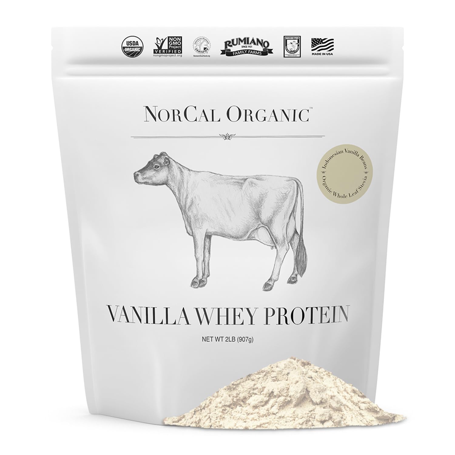 NorCal Organic frente del envase mostrando diseño y beneficio proteico