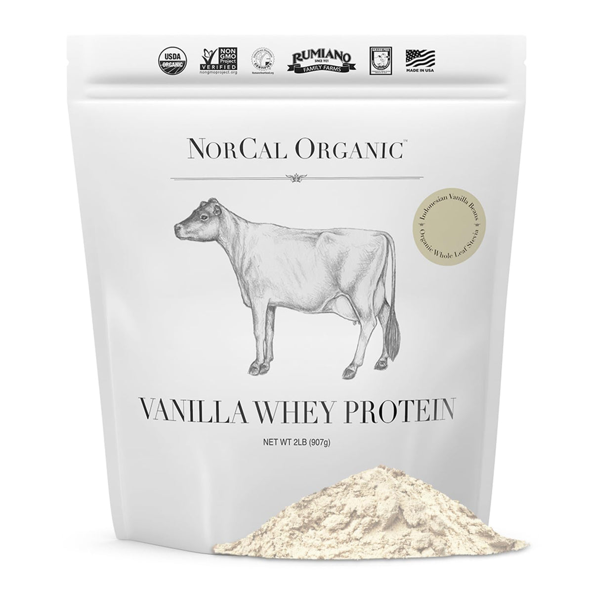 NorCal Organic frente del envase mostrando diseño y beneficio proteico