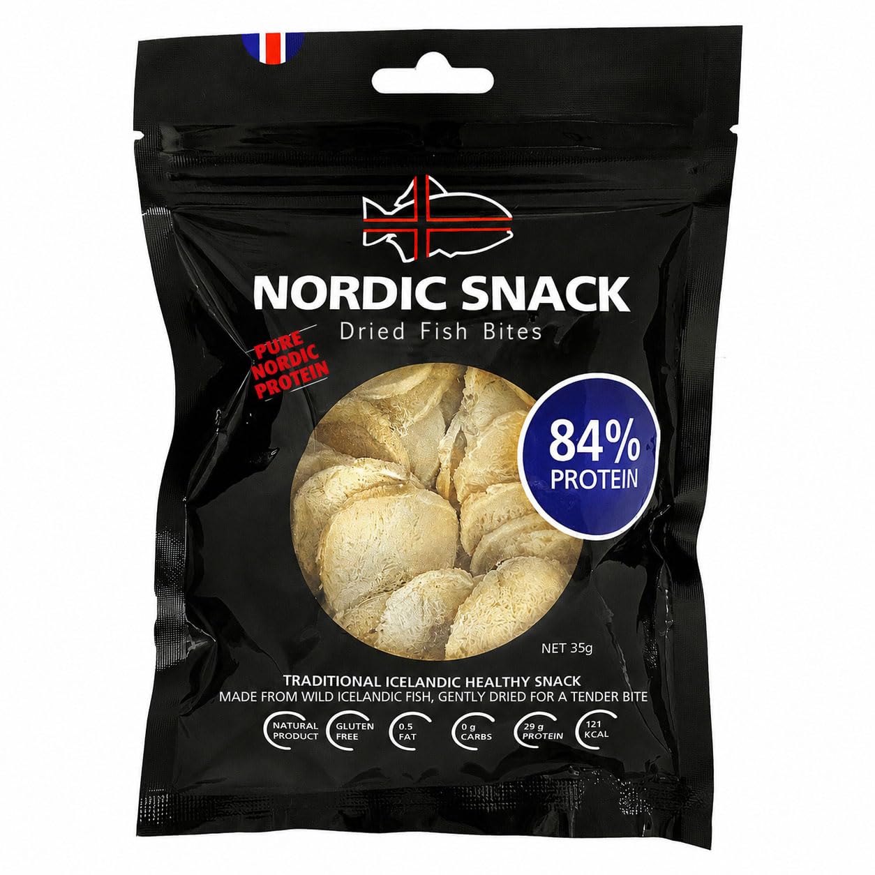 Nordic Catch bolsa frontal mostrando el diseño y beneficio de snack proteico