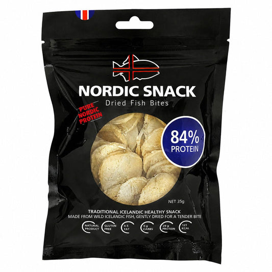 Nordic Catch bolsa frontal mostrando el diseño y beneficio de snack proteico