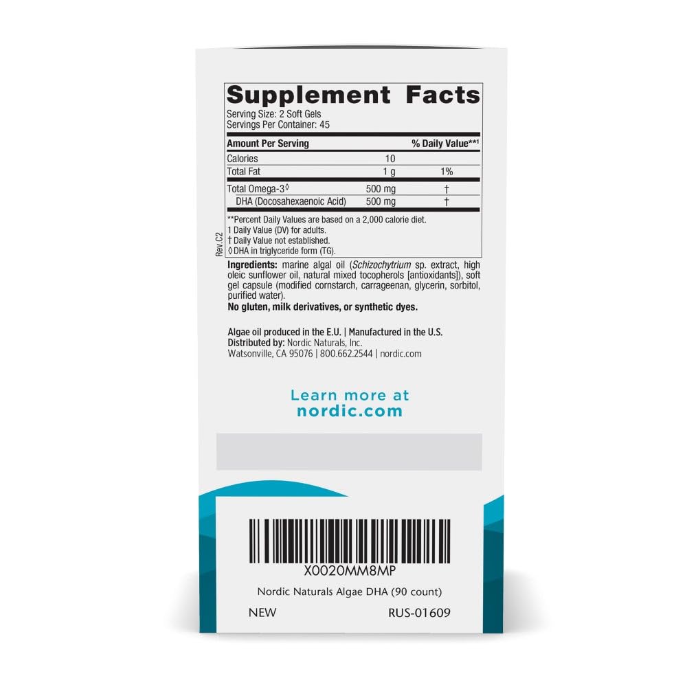 Nordic Naturals Algae DHA etiqueta frontal que enfatiza compromiso vegano.