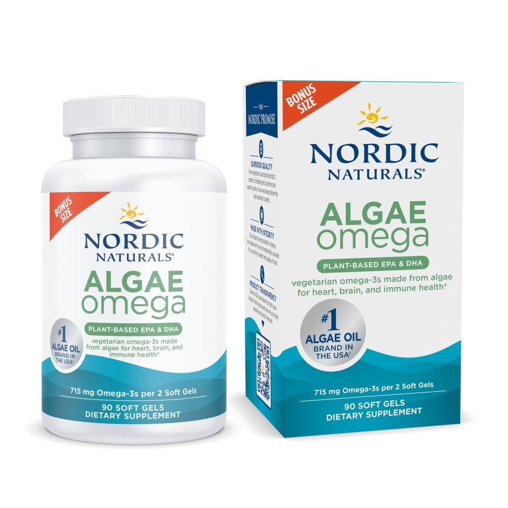 Nordic Naturals frasco frontal mostrando 90 cápsulas y beneficios veganos