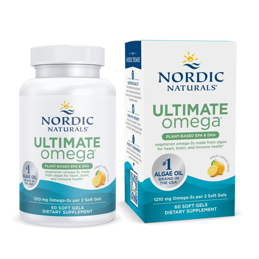 Nordic Naturals envase frontal mostrando etiqueta y beneficios veganos