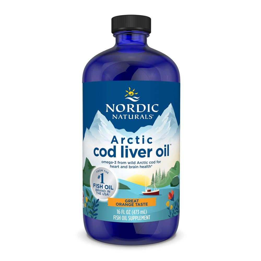 Nordic Naturals botella frontal mostrando aceite de hígado de bacalao y beneficio de omega‑3