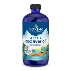 Nordic Naturals botella frontal mostrando aceite de hígado de bacalao y beneficio de omega‑3