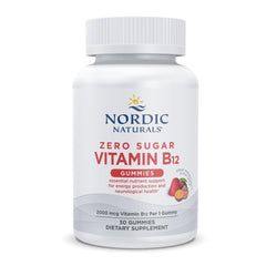 Nordic Naturals frasco frontal de B12 Gummies sin azúcar mostrando diseño y cantidad
