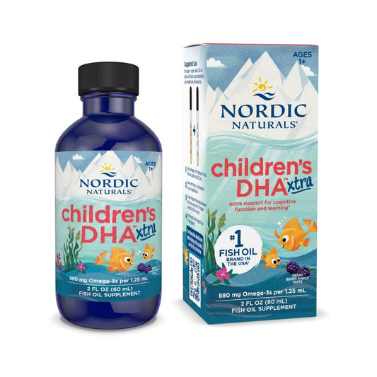 Nordic Naturals botella frontal Children’s DHA Xtra mostrando etiqueta y beneficio cognitivo