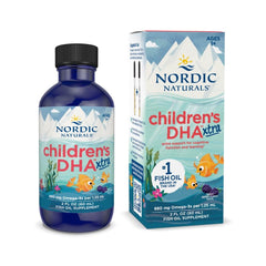 Nordic Naturals botella frontal Children’s DHA Xtra mostrando etiqueta y beneficio cognitivo