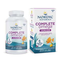 Nordic Naturals empaque Complete Omega Jr frente muestra 180 mini cápsulas, claridad y confianza