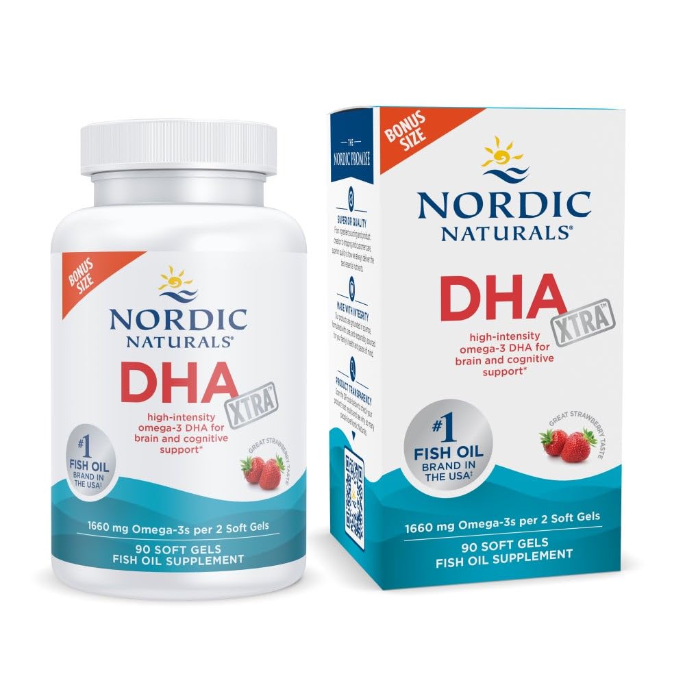Nordic Naturals frasco frontal mostrando 90 cápsulas y beneficio concentración