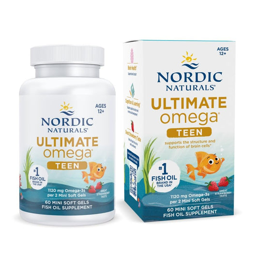 Nordic Naturals envase frontal Ultimate Omega 2X Teen mostrando etiqueta clara y beneficio cognitivo