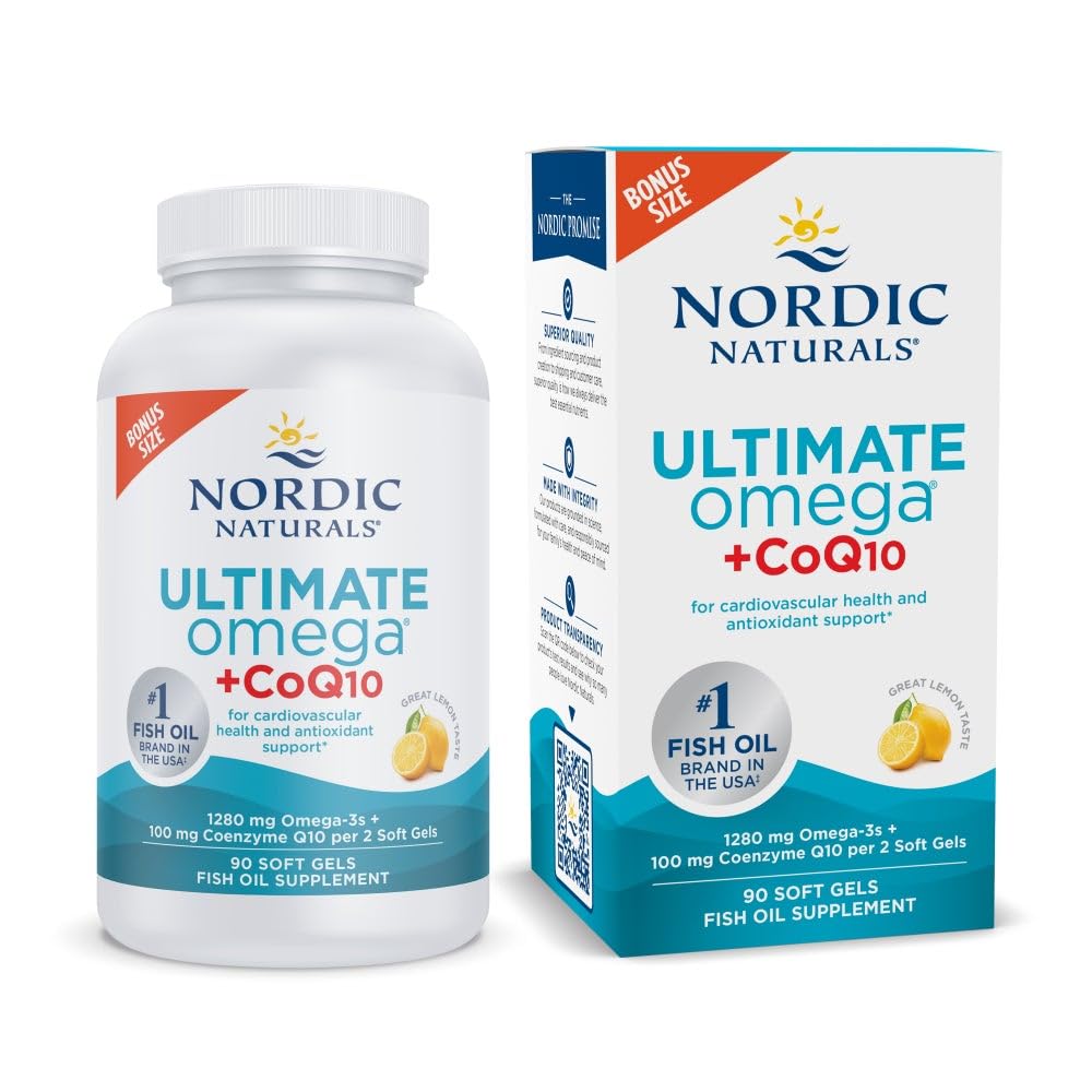 Nordic Naturals envase frontal Ultimate Omega + CoQ10 mostrando beneficios y sabor limón