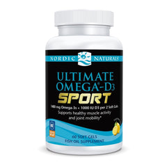 Nordic Naturals envase frontal de Ultimate Omega‑D3 Sport mostrando certificación NSF y beneficio deportivo