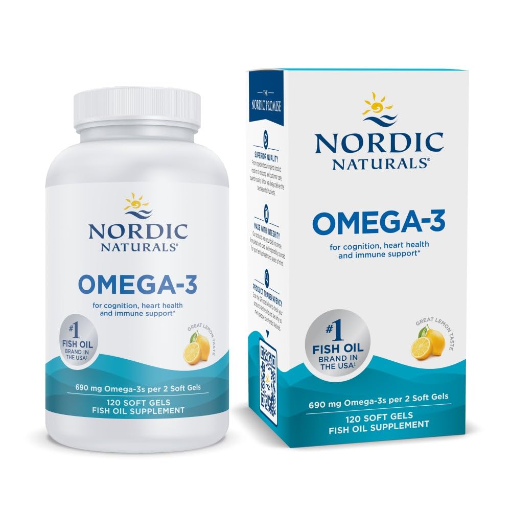 Nordic Naturals frasco delantero mostrando 120 cápsulas y beneficio de pureza
