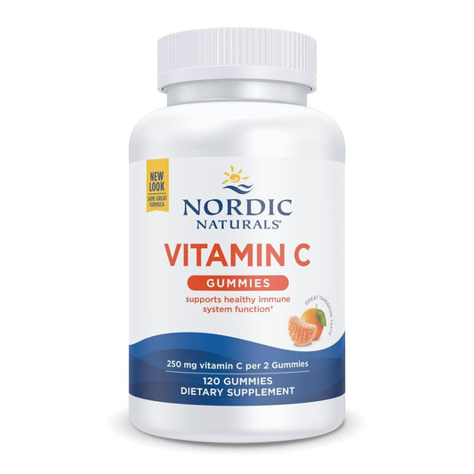 Nordic Naturals frasco frontal con gomitas tangerina, información clara