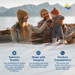 Nordic Naturals frasco junto a una tarjeta para mostrar tamaño y cantidad