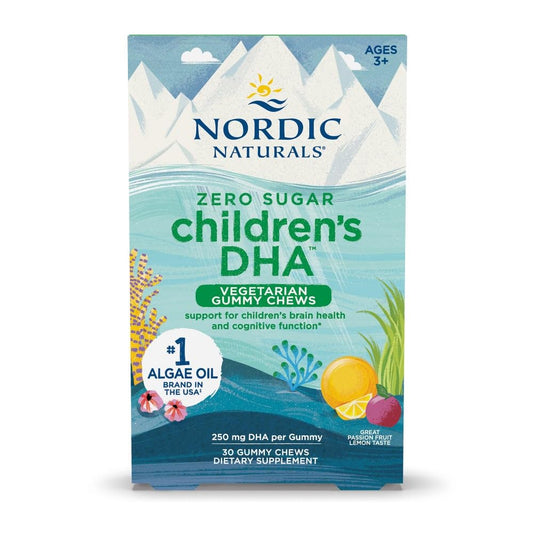 Nordic Naturals empaque frontal mostrando gominolas y beneficio DHA