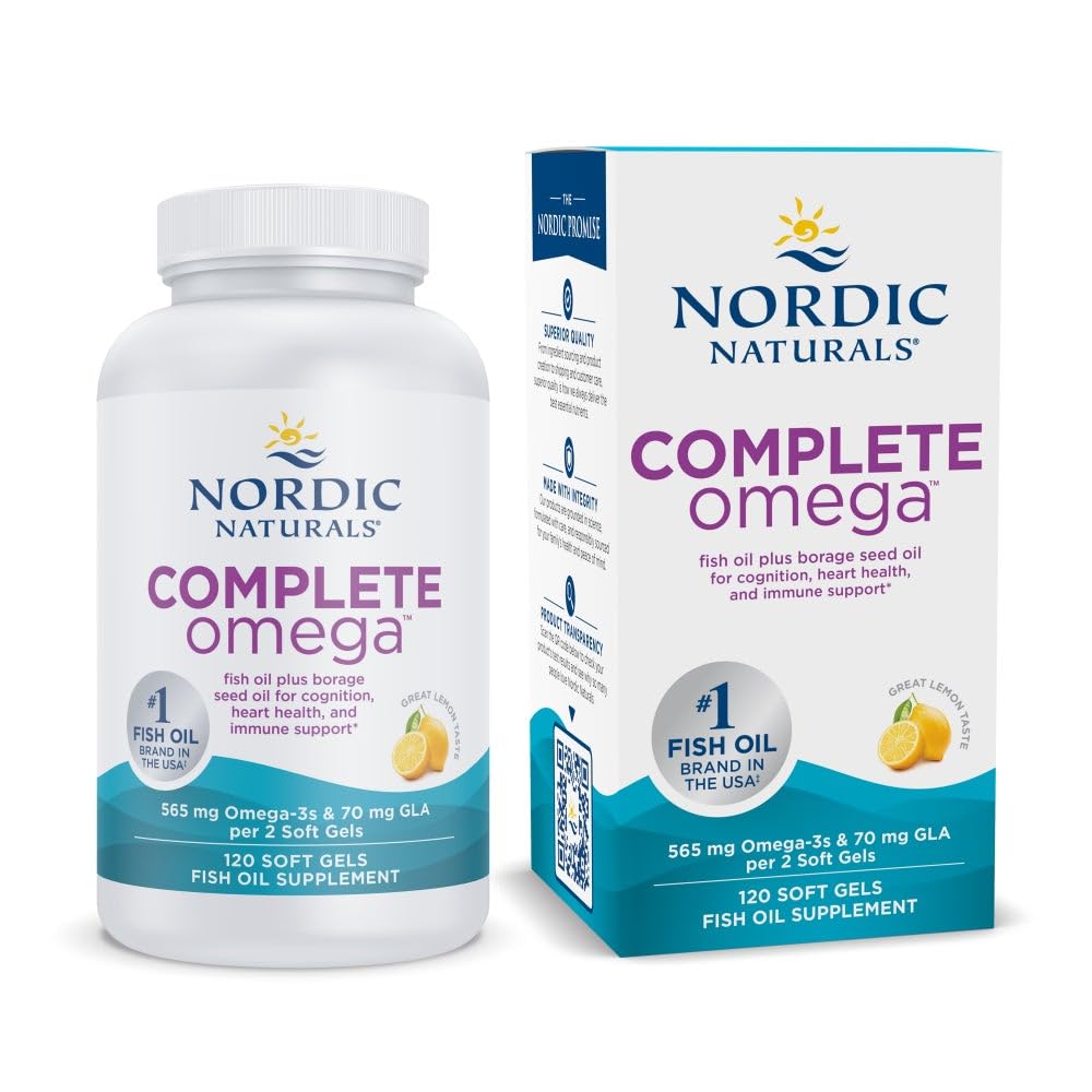Nordic Naturals frasco frontal mostrando presentación y beneficio de compleción de omegas