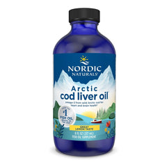 Nordic Naturals envase frontal de Arctic Cod Liver Oil mostrando 8 oz y limón, fácil dosificar