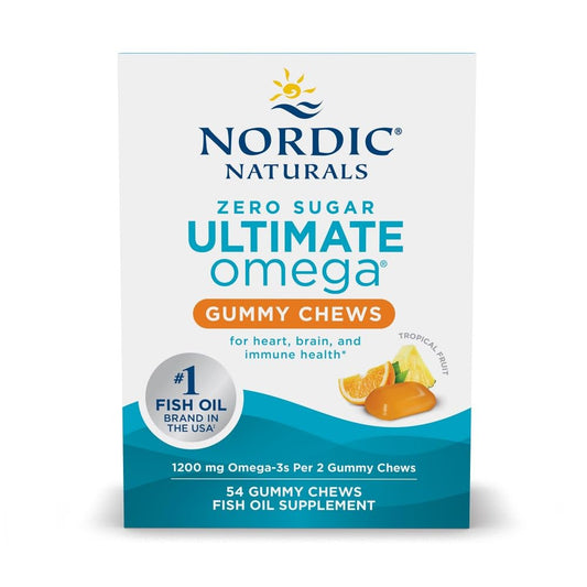 Nordic Naturals frontal del empaque mostrando gomitas tropicales y beneficio de calidad