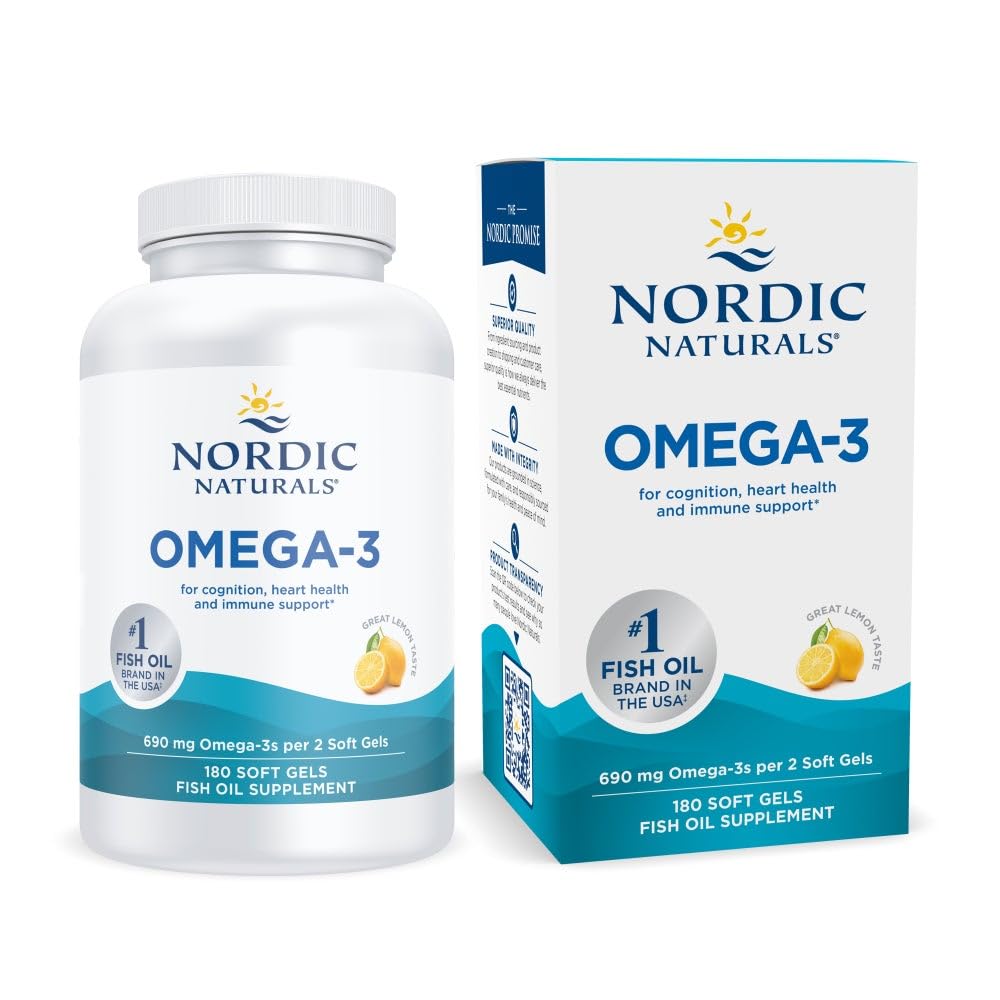 Nordic Naturals frontal del envase mostrando 180 cápsulas y beneficio de pureza