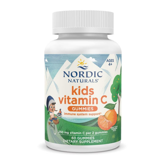 Nordic Naturals gomitas tangy tangerine frontal con envase visible, conveniencia de dosificación