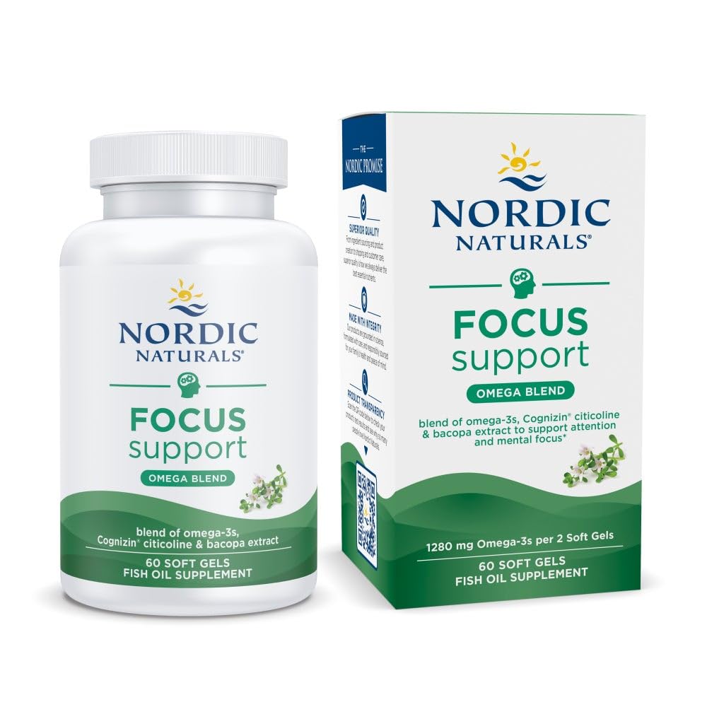 Nordic Naturals frasco frontal mostrando 60 cápsulas y beneficio confianza