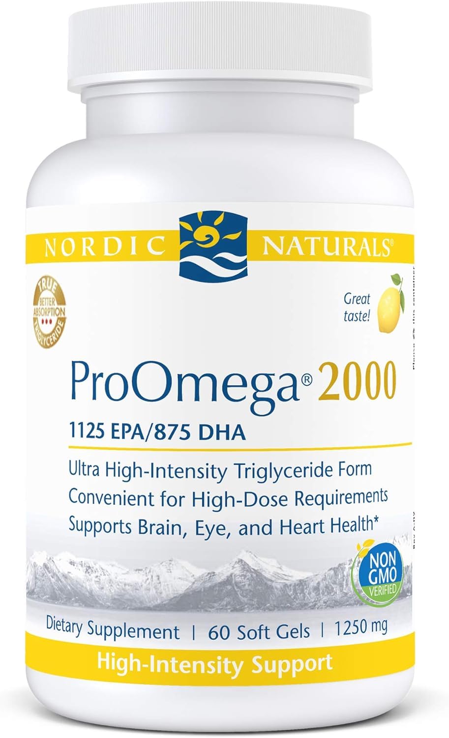 Nordic Naturals frasco frontal con cápsulas sabor limón que facilita ingesta diaria