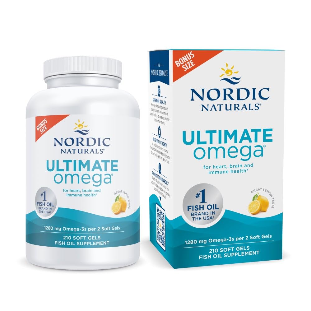 Nordic Naturals frasco frontal mostrando 210 cápsulas y beneficios
