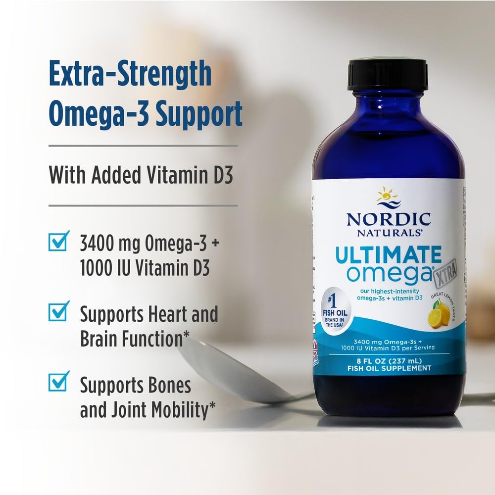 Nordic Naturals Ultimate Omega Xtra líquido limón con 48 porciones para uso mensual.