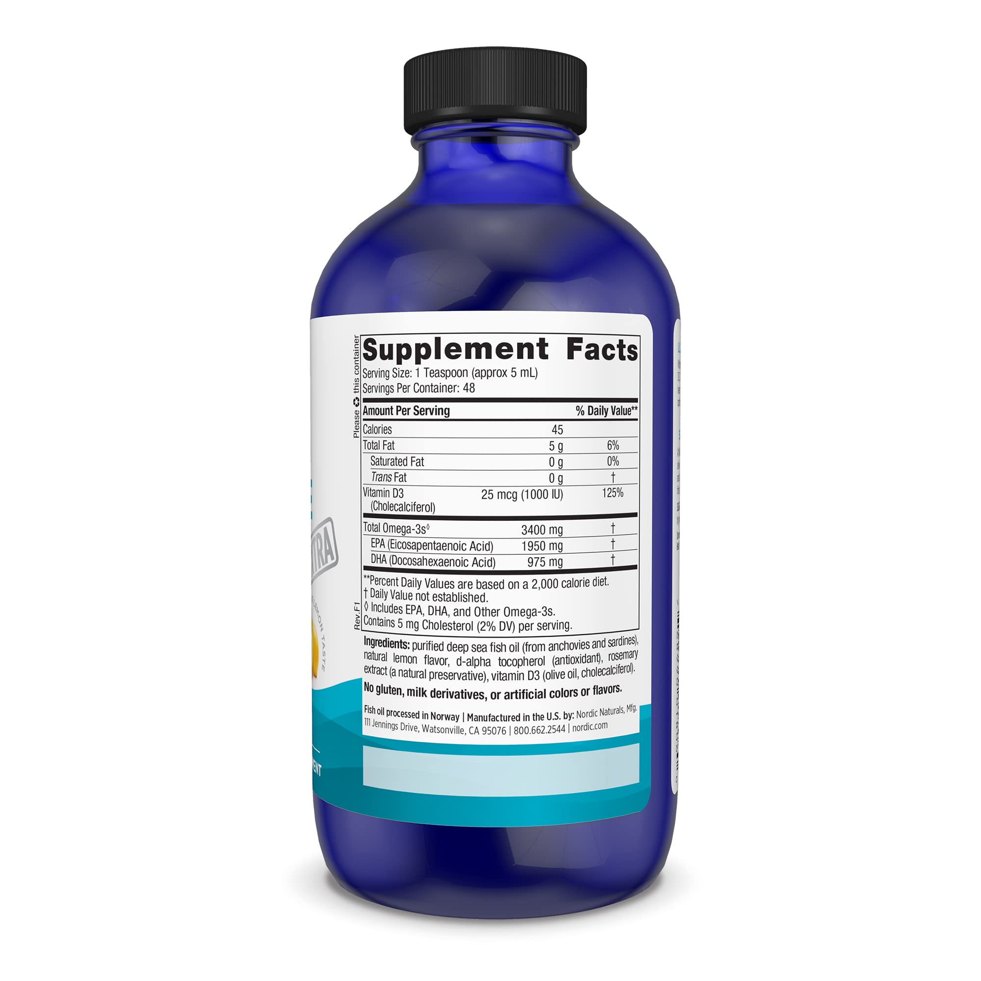 Nordic Naturals Ultimate Omega Xtra líquido limón puro y sin GMO ni gluten ni lácteos.