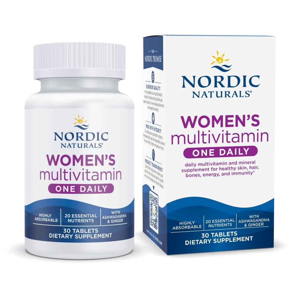 Vitamina para mujer Nordic Naturals, botella visible, apoyo diario para energía y bienestar.