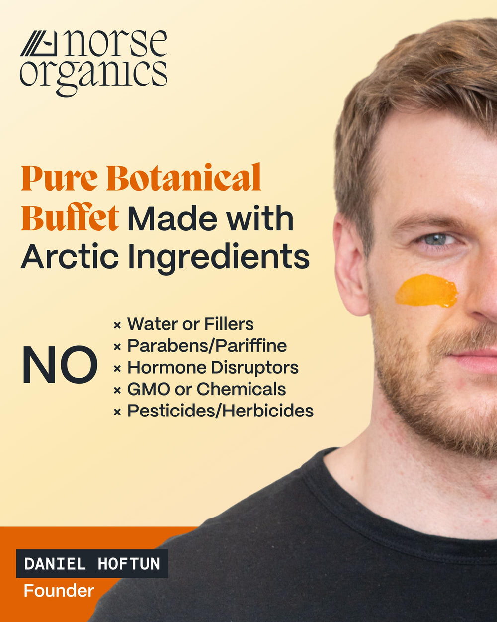 Norse Organics uso en rostro en entorno cotidiano, apariencia más uniforme