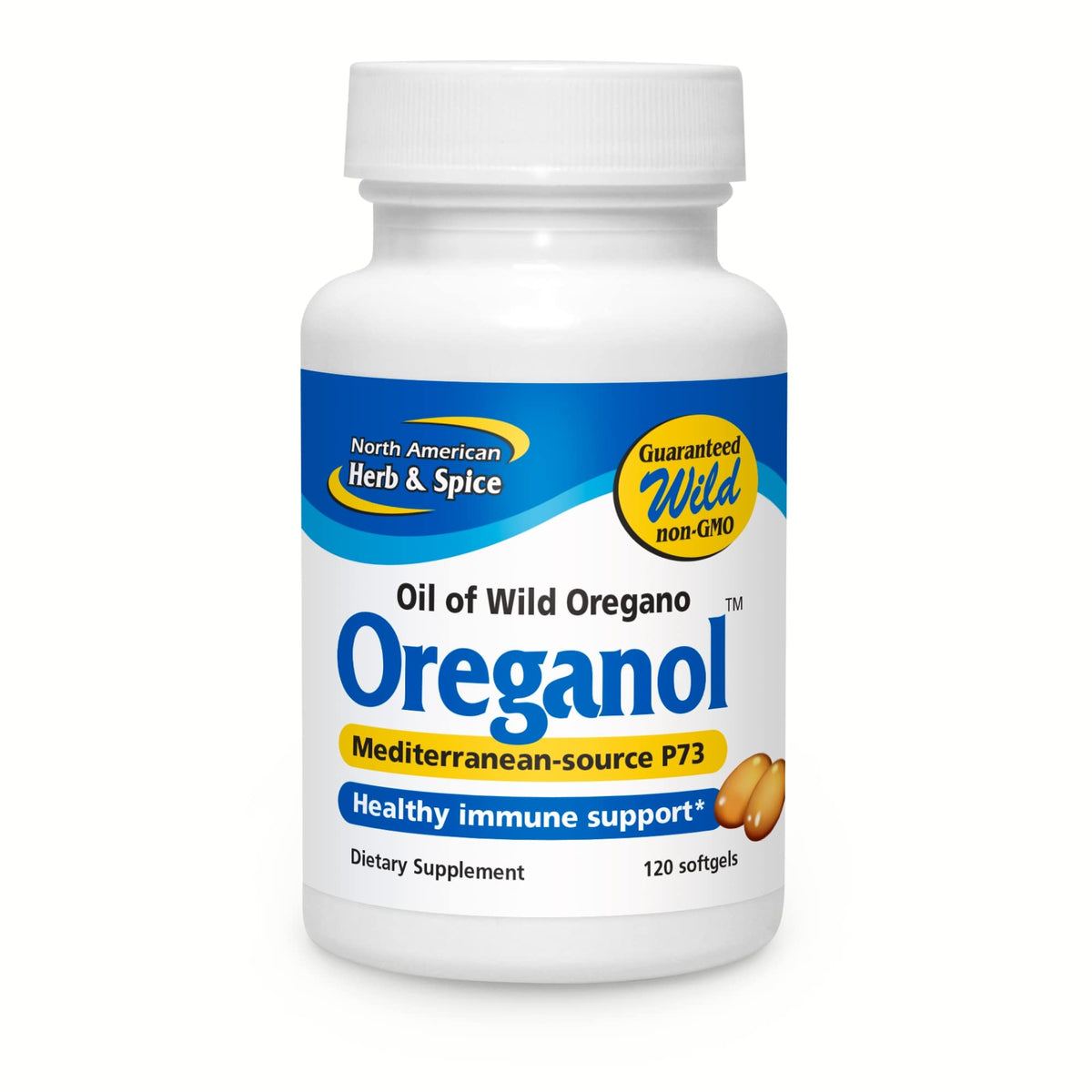 NORTH AMERICAN HERB & SPICE botella frontal mostrando Oreganol P73 y beneficios de pureza