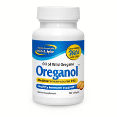 NORTH AMERICAN HERB & SPICE botella frontal mostrando Oreganol P73 y beneficios de pureza