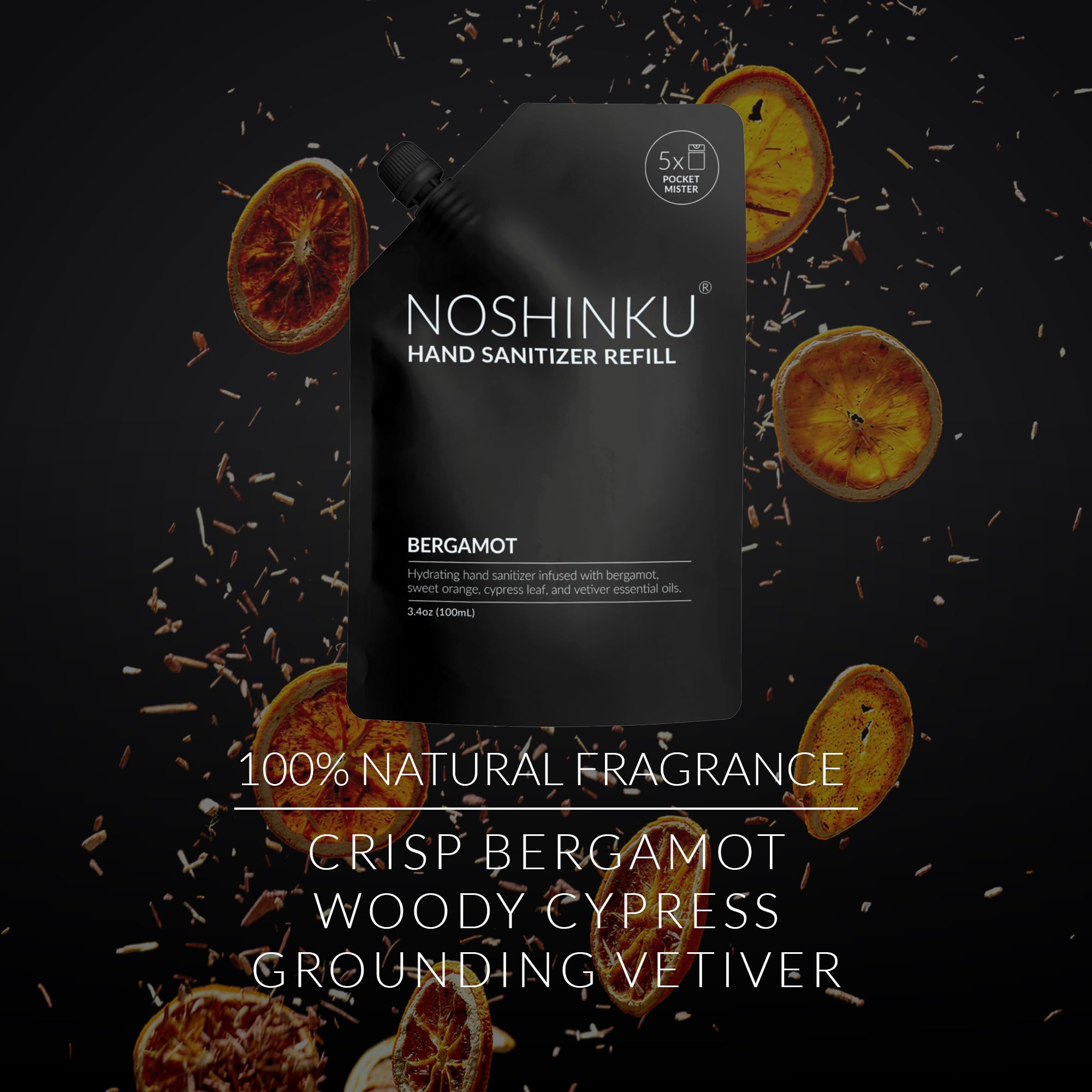 Noshinku etiqueta con ingredientes y fragancia bergamota, informa beneficios