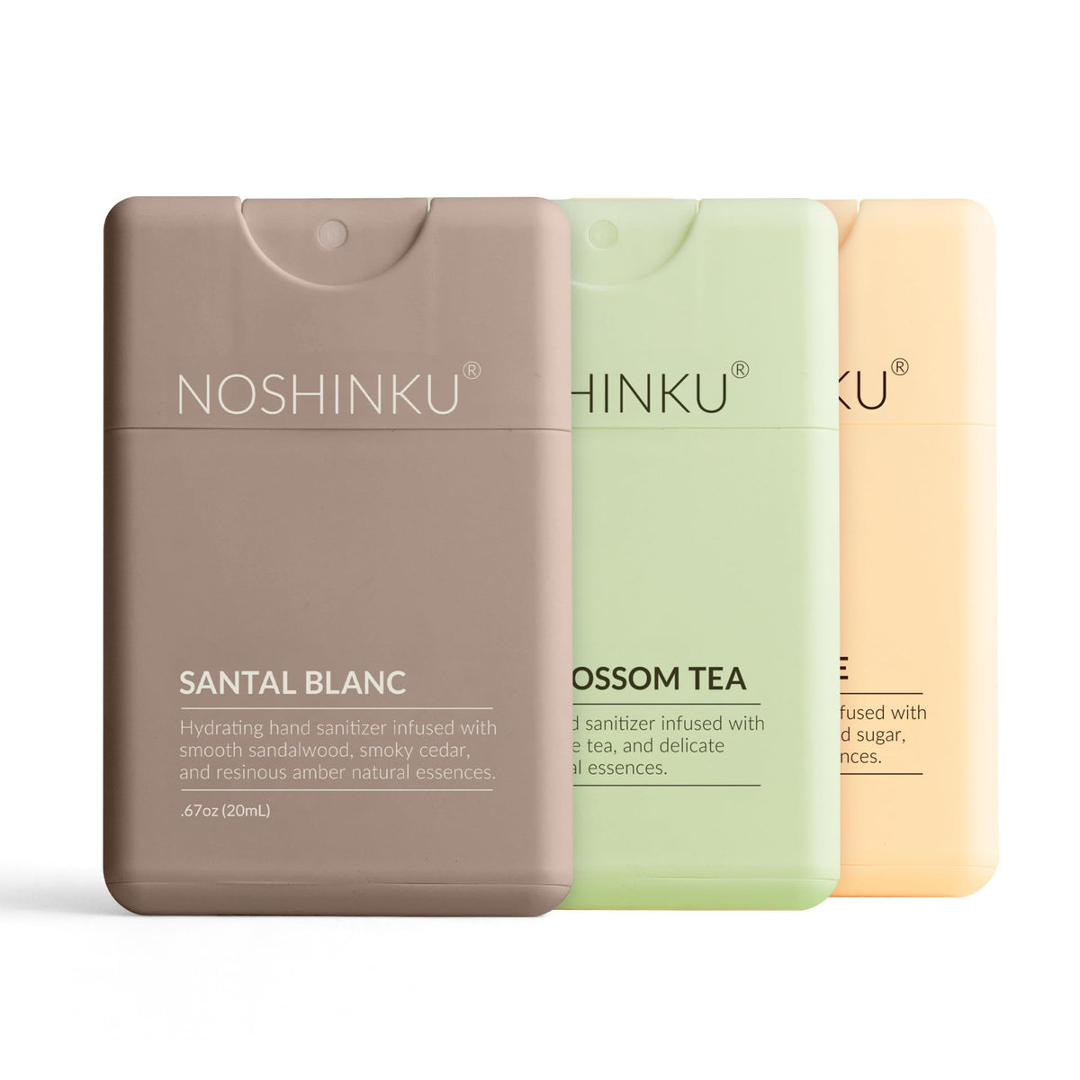 Noshinku vista frontal del pack mostrando tres sprays y beneficio portátil