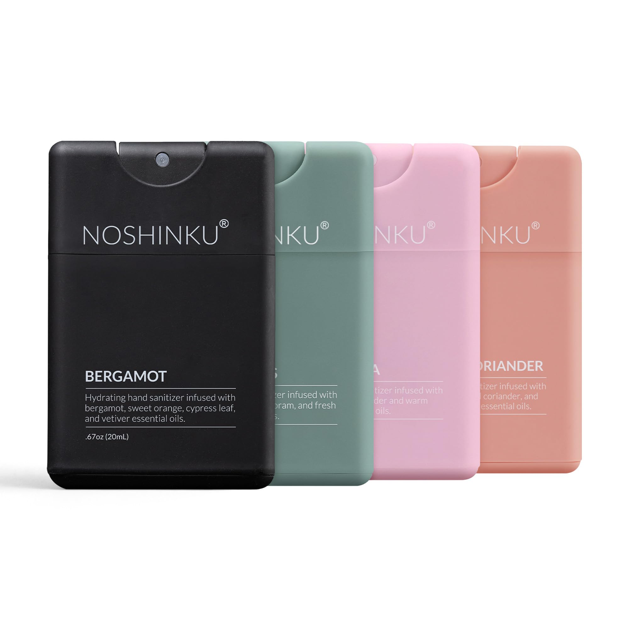 Noshinku packaging frontal mostrando cuatro sprays y beneficio de portabilidad