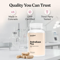 Nourished AndroEase Plus en cocina junto a alimentos saludables promoviendo rutina