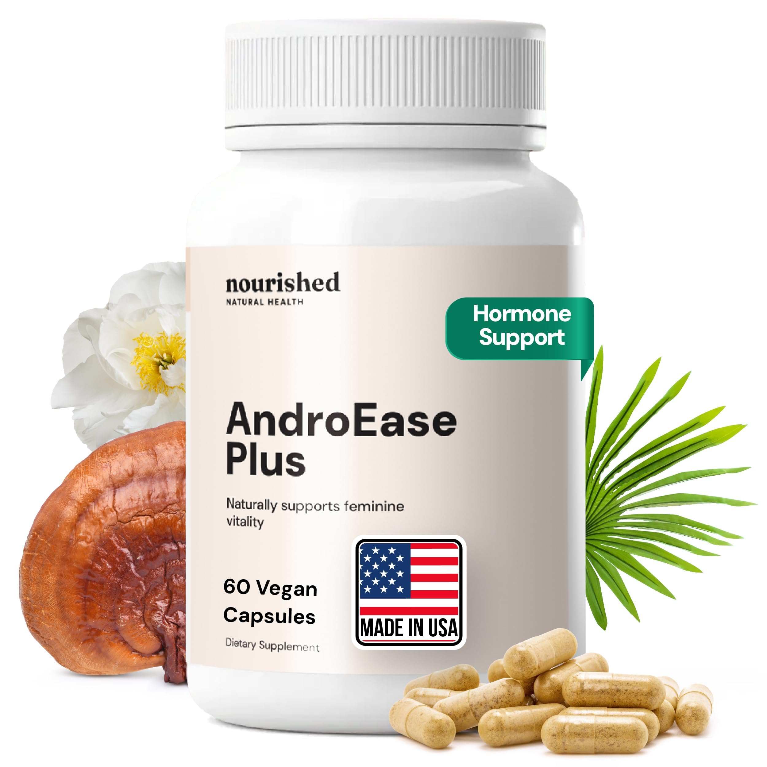 Nourished AndroEase Plus frasco delantero mostrando diseño y dosis clara