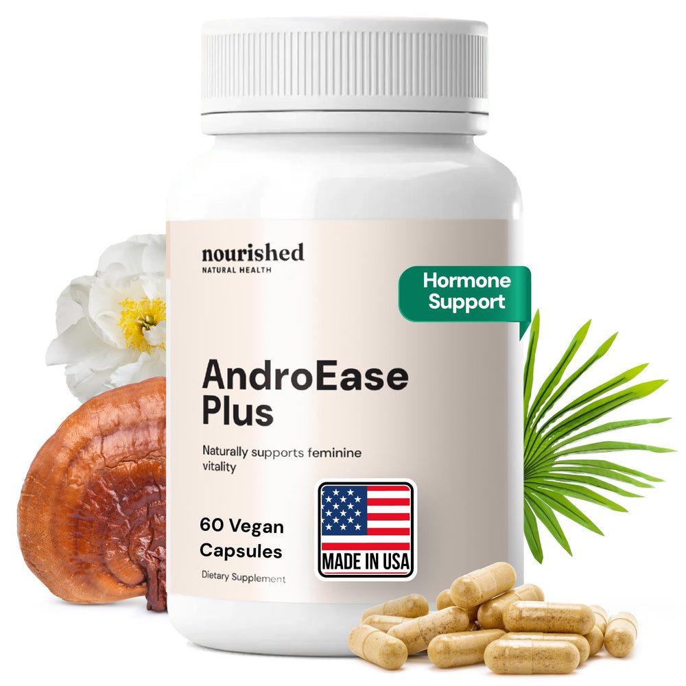 Nourished AndroEase Plus frasco delantero mostrando diseño y dosis clara