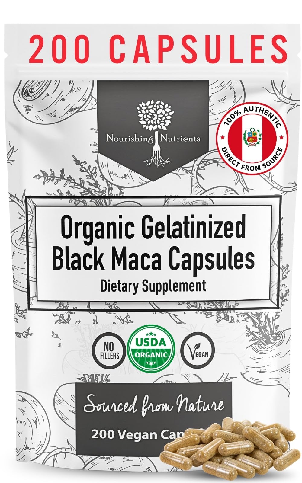 Nourishing Nutrients envase frontal maca negra orgánica, confianza y pureza