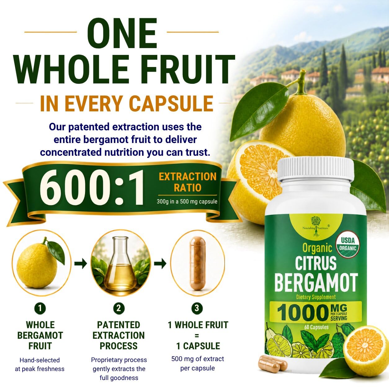 Nourishing Nutrients campo con árboles de bergamota resaltando cultivo orgánico