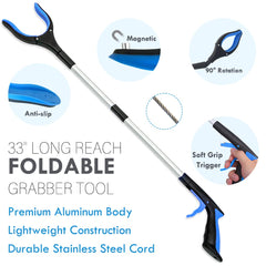 Nourislif agarrador plegable con mandíbula giratoria alcanzando un estante alto