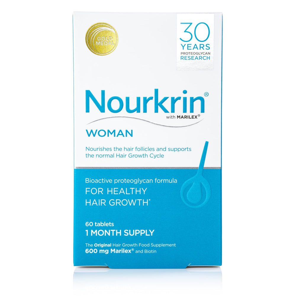 Nourkrin envase frontal mostrando etiqueta y beneficios visibles
