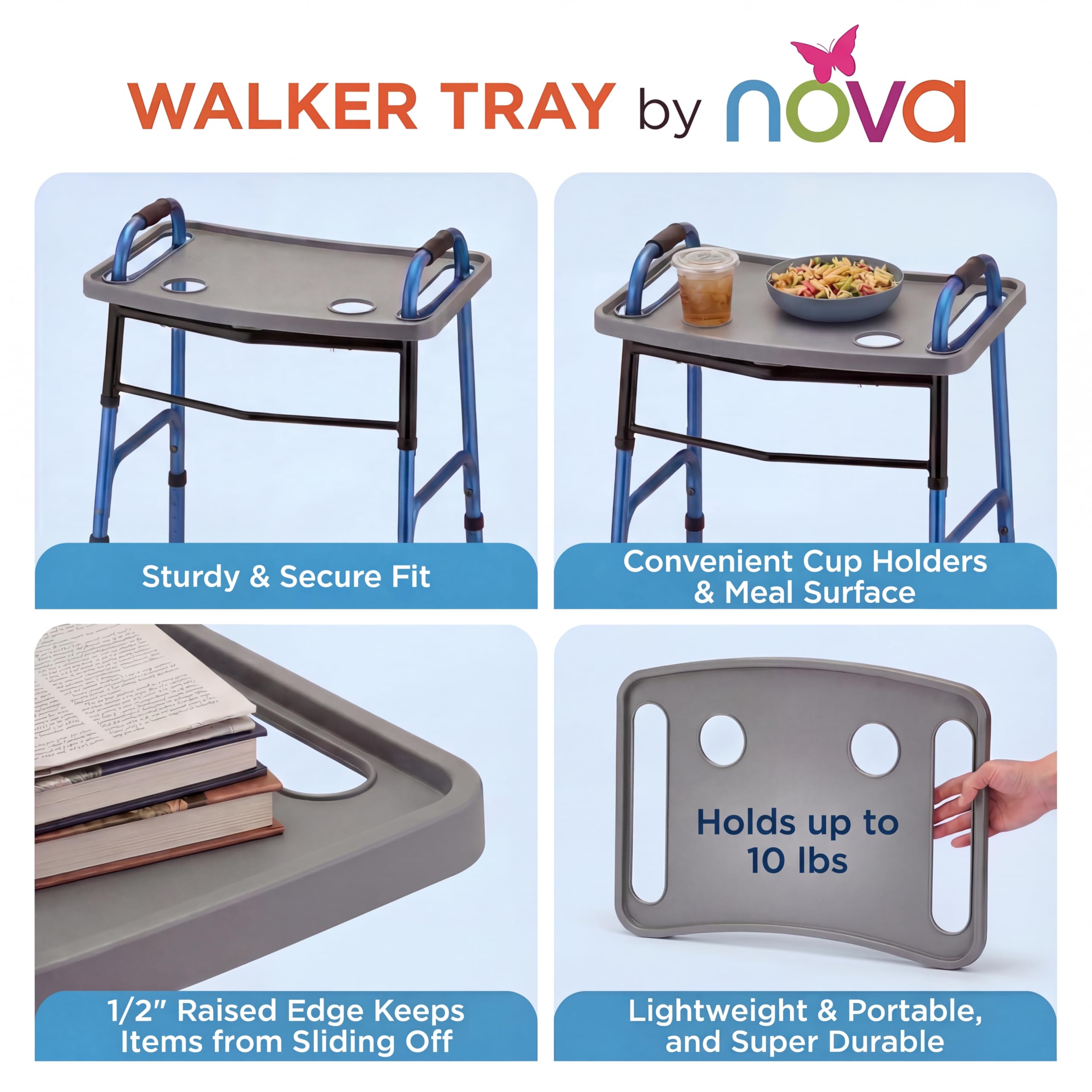 NOVA detalle del borde elevado que evita derrames y mantiene objetos seguros