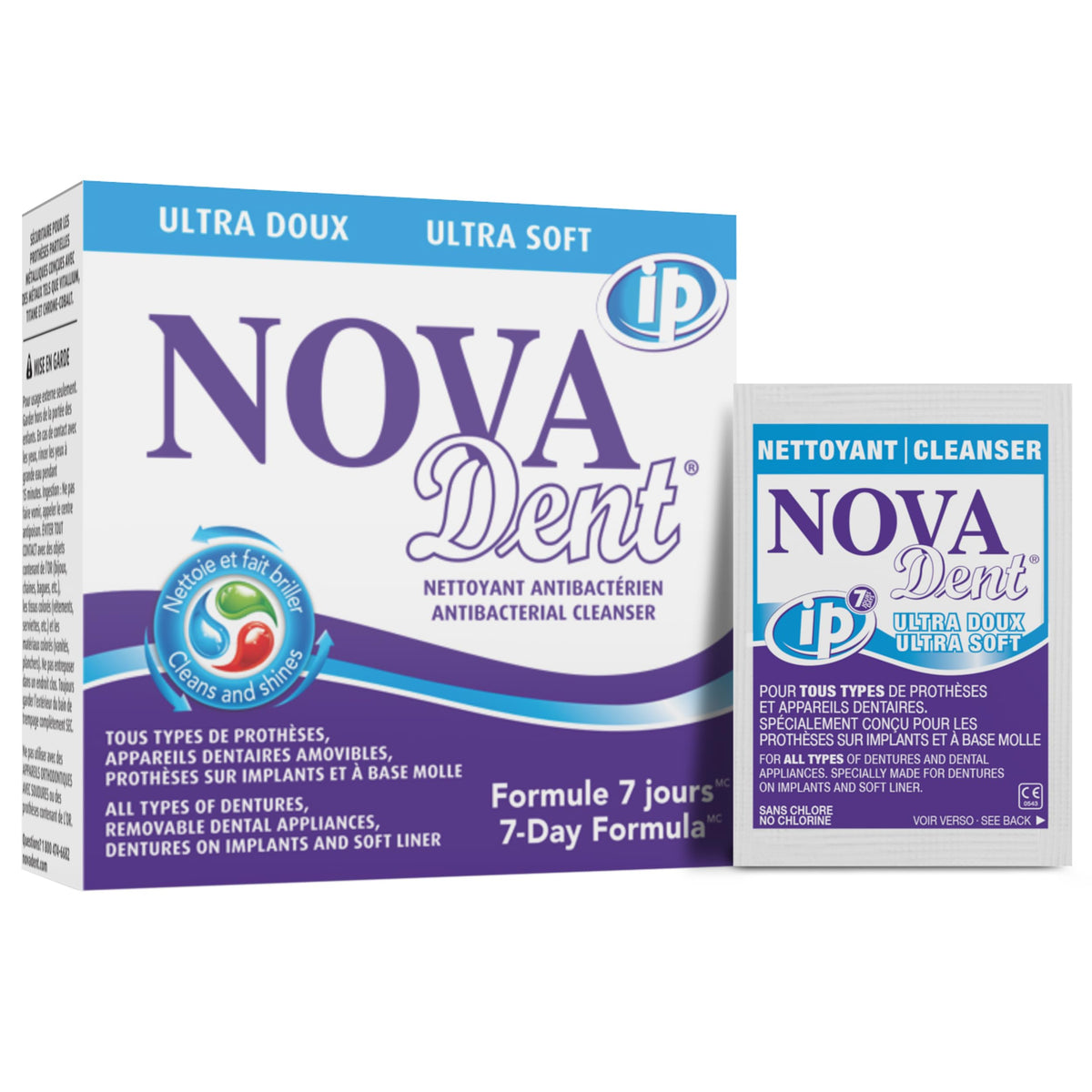 Novadent frente del empaque mostrando 12 sachets y conveniencia semanal