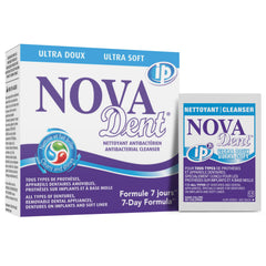 Novadent frente del empaque mostrando 12 sachets y conveniencia semanal