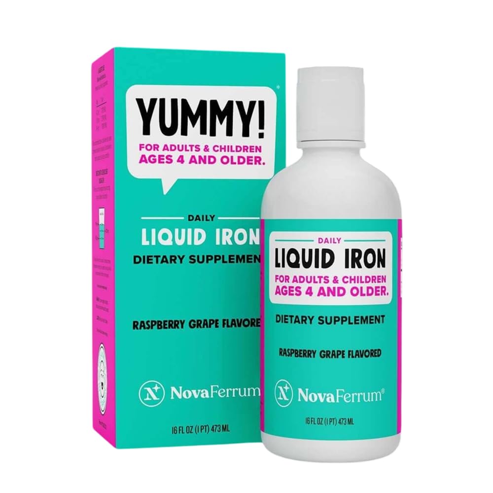 NovaFerrum frasco frontal mostrando etiqueta y sabor frambuesa-uva, práctico para familias