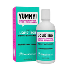 NovaFerrum frasco frontal mostrando etiqueta y sabor frambuesa-uva, práctico para familias